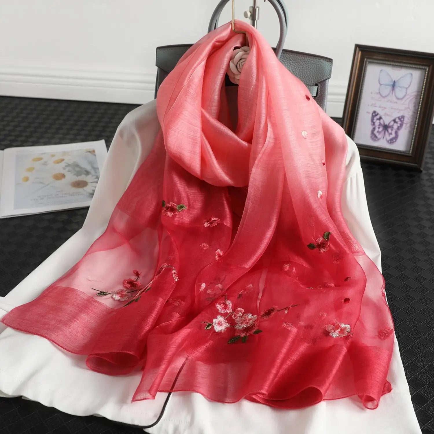 Women’s Wool Silk Embroidery Gradient Summer Scarf Sunscreen Shawl