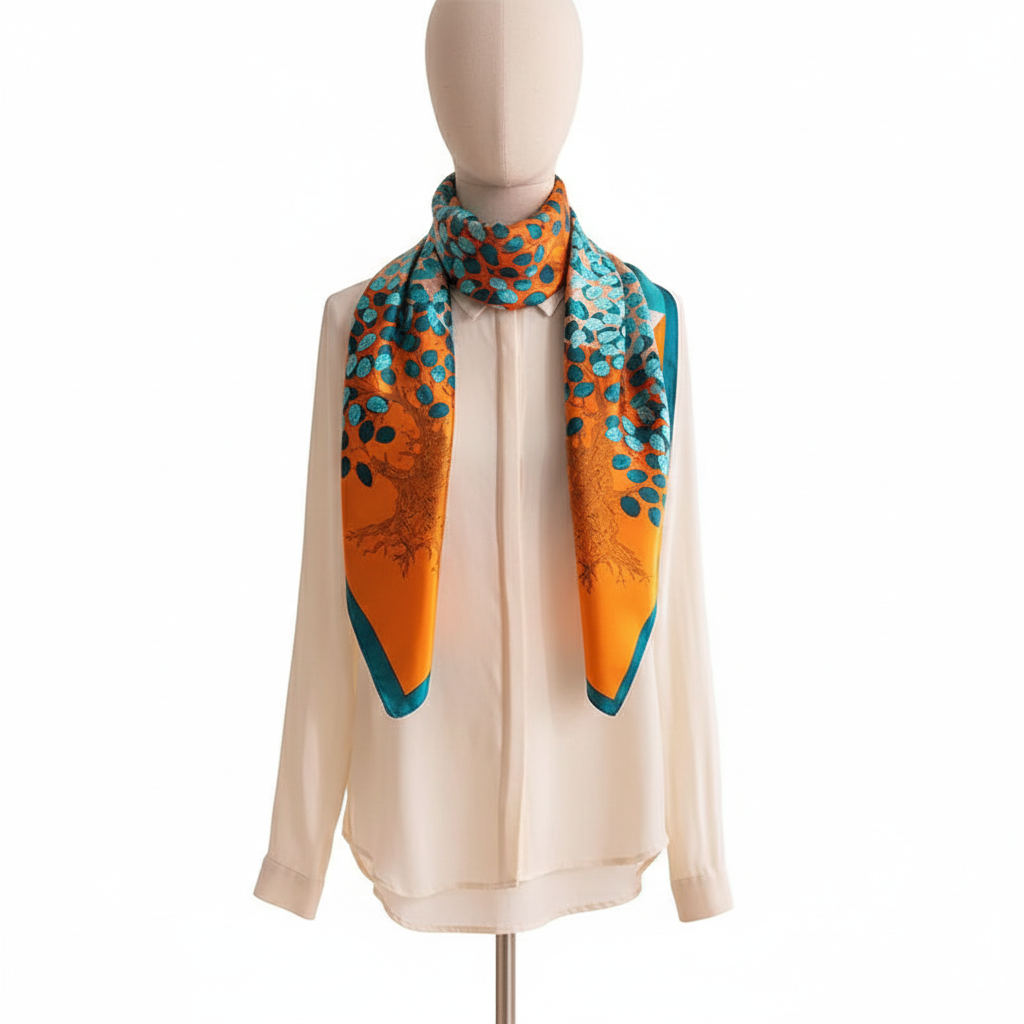 Mannequin wearing a beige blouse with an orange and teal patterned scarf.