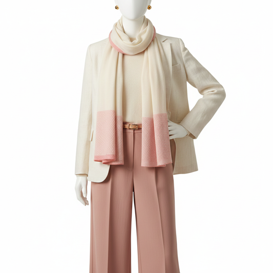 Mannequin wearing a beige jacket, pink scarf, and pants on a white background