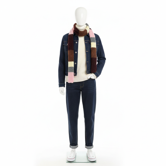 Mannequin wearing a navy jacket, white shirt, dark jeans, and a multicolored scarf on a white background