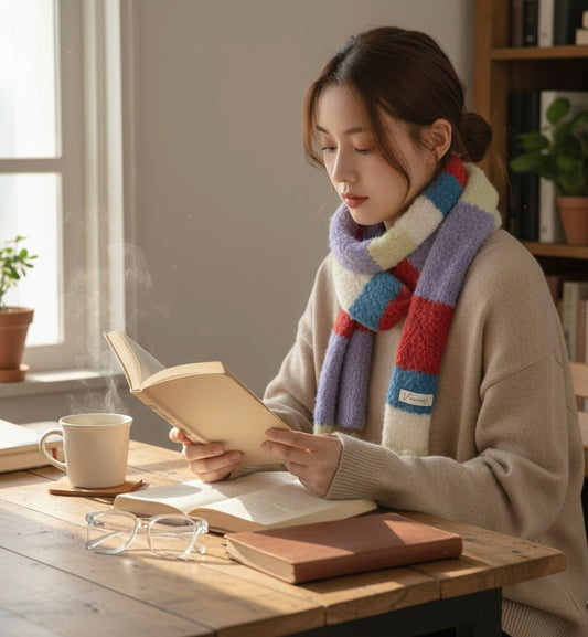 Woman reading a book with a steaming cup of coffee on a wooden table.