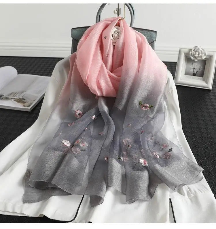 Women’s Wool Silk Embroidery Gradient Summer Scarf Sunscreen Shawl