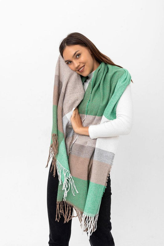 Herringbone Patterned Thick Shawl-Green