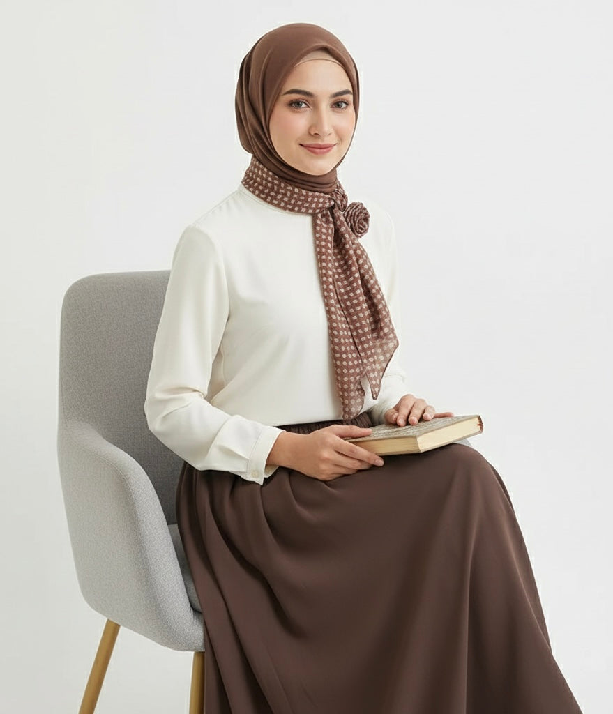 Woman wearing a hijab and holding a book, sitting on a chair against a plain background
