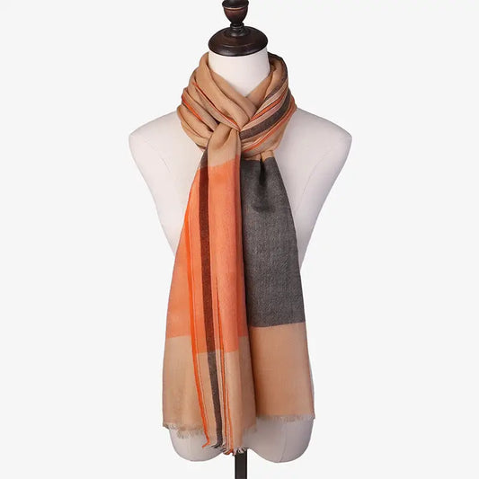 Autumn And Winter Versatile Checkered Fringe Warm Long Scarf - Khaki / 175cm or more