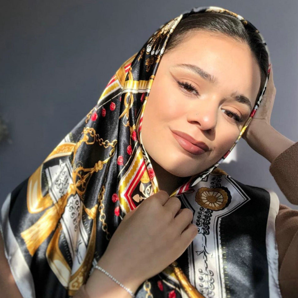 Multipurpose Chain Printed Scarf, Women's Casual Scarf, Satin Large Square Scarf