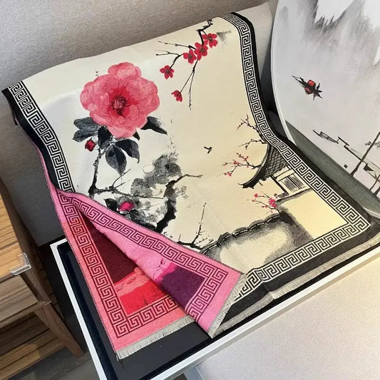 Chinese Aesthetic Ink Painting Shawl Outer Match Autumn And Winter Warm Scarf - Berry Red / Above 175cm
