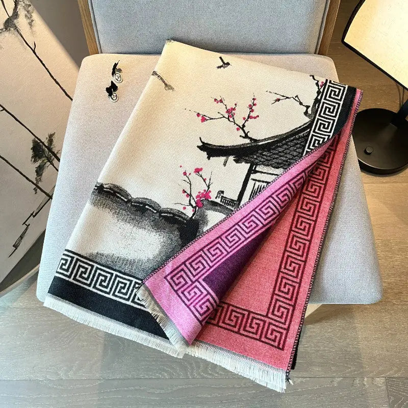 Chinese Aesthetic Ink Painting Shawl Outer Match Autumn And Winter Warm Scarf - Berry Red / Above 175cm