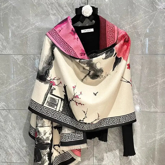 Chinese Aesthetic Ink Painting Shawl Outer Match Autumn And Winter Warm Scarf - Berry Red / Above 175cm