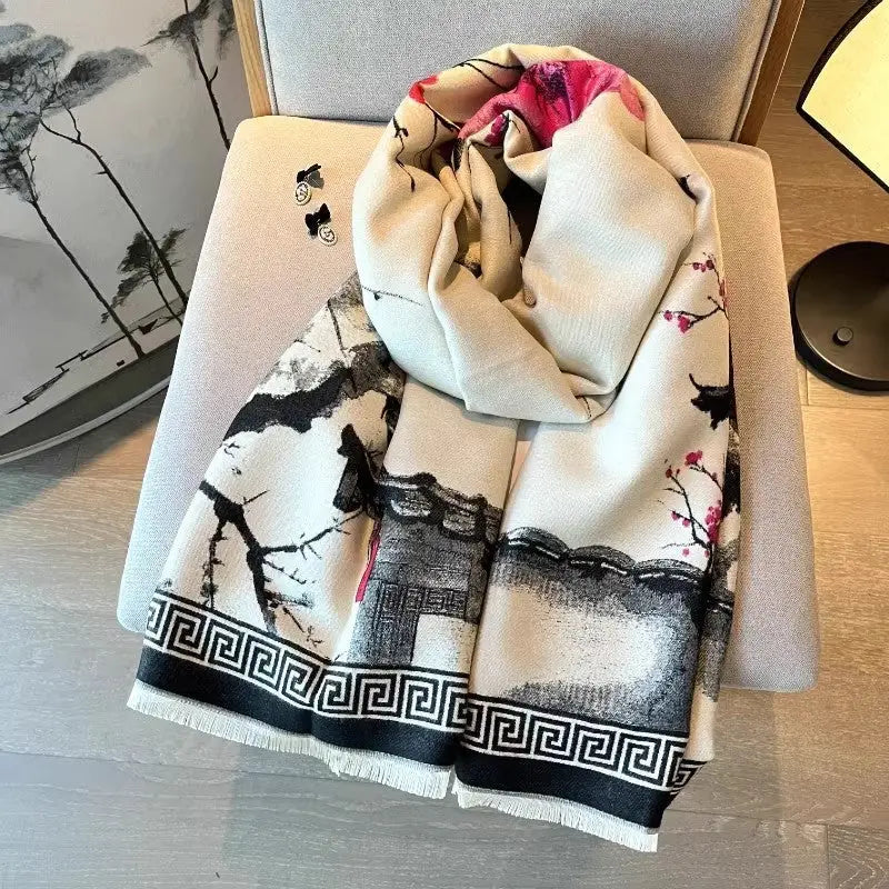 Chinese Aesthetic Ink Painting Shawl Outer Match Autumn And Winter Warm Scarf - Berry Red / Above 175cm