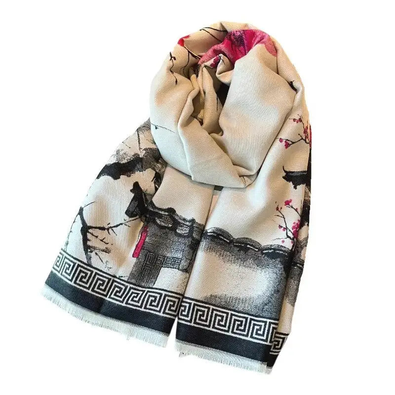 Chinese Aesthetic Ink Painting Shawl Outer Match Autumn And Winter Warm Scarf - Berry Red / Above 175cm