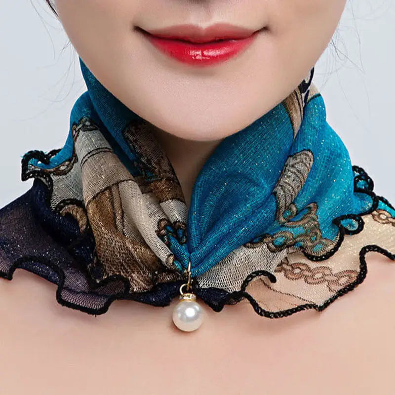 Cute Decorative Scarf Lace Pendant Small Silk Scarf - Blue Beige Chain - Decorative Scarf