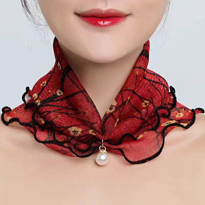 Cute Decorative Scarf Lace Pendant Small Silk Scarf - Red And Black Floral - Decorative Scarf