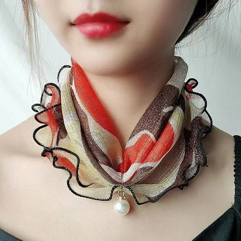 Cute Decorative Scarf Lace Pendant Small Silk Scarf - Red Coffee Color Stripes - Decorative Scarf