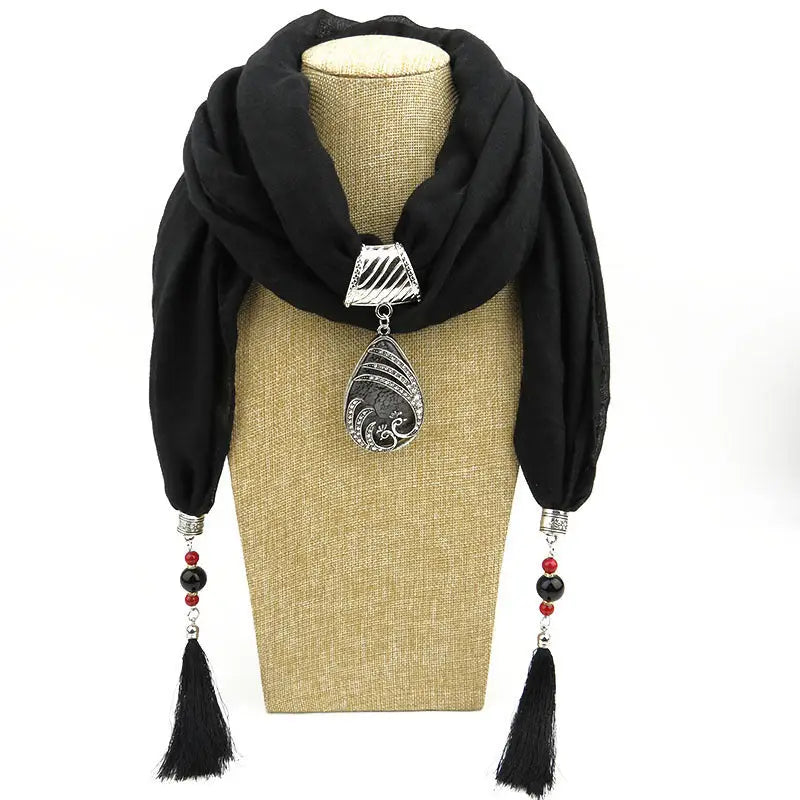 Ethnic Style Peacock Pendant Gem Tassel Scarf Women’s Scarf - Black - Tassel Scarf