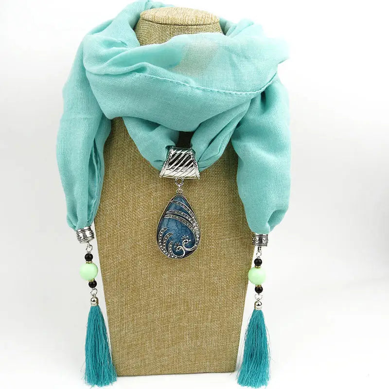 Ethnic Style Peacock Pendant Gem Tassel Scarf Women’s Scarf - Light Blue - Tassel Scarf