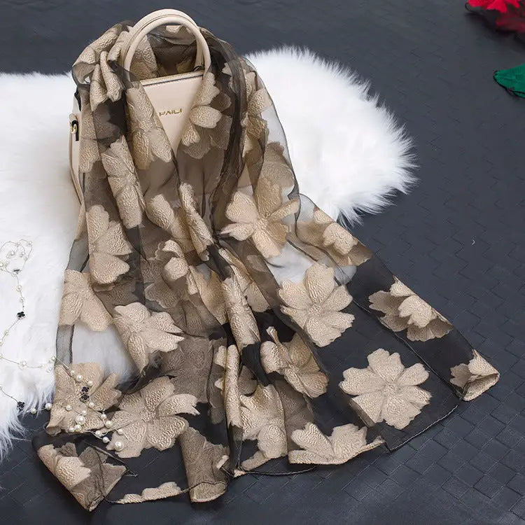 Floral Patterned Silk Scarf - Beige - Silk Scarf