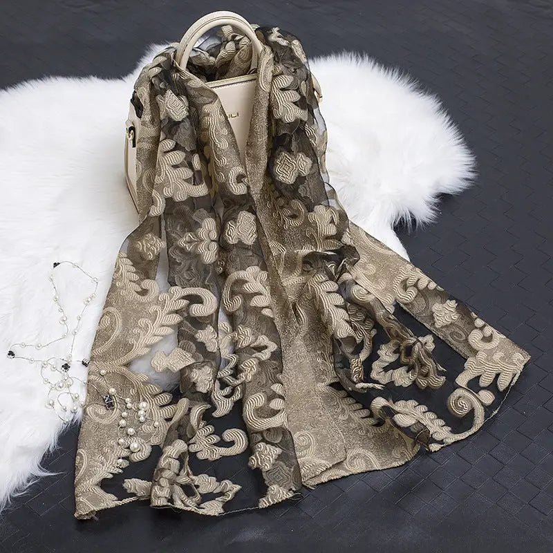 Floral Patterned Silk Scarf - Flower beige - Silk Scarf