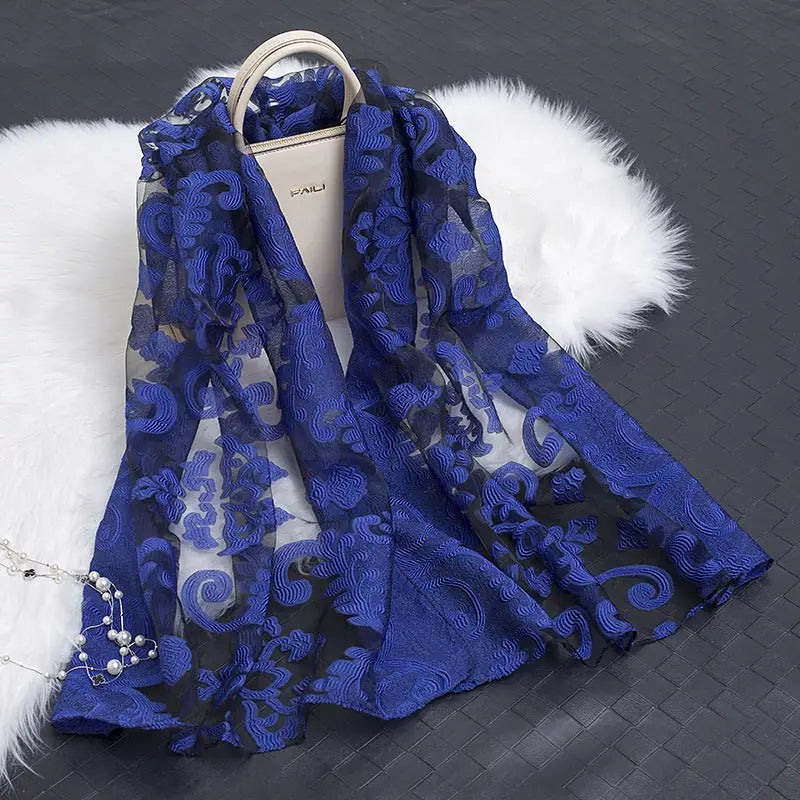 Floral Patterned Silk Scarf - Flower blue - Silk Scarf