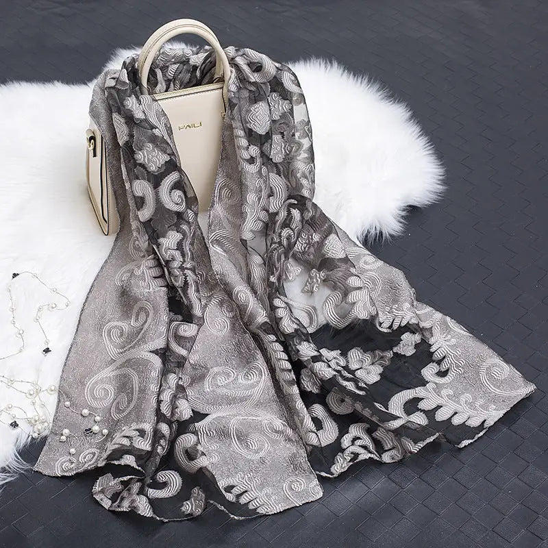 Floral Patterned Silk Scarf - Flower grey - Silk Scarf