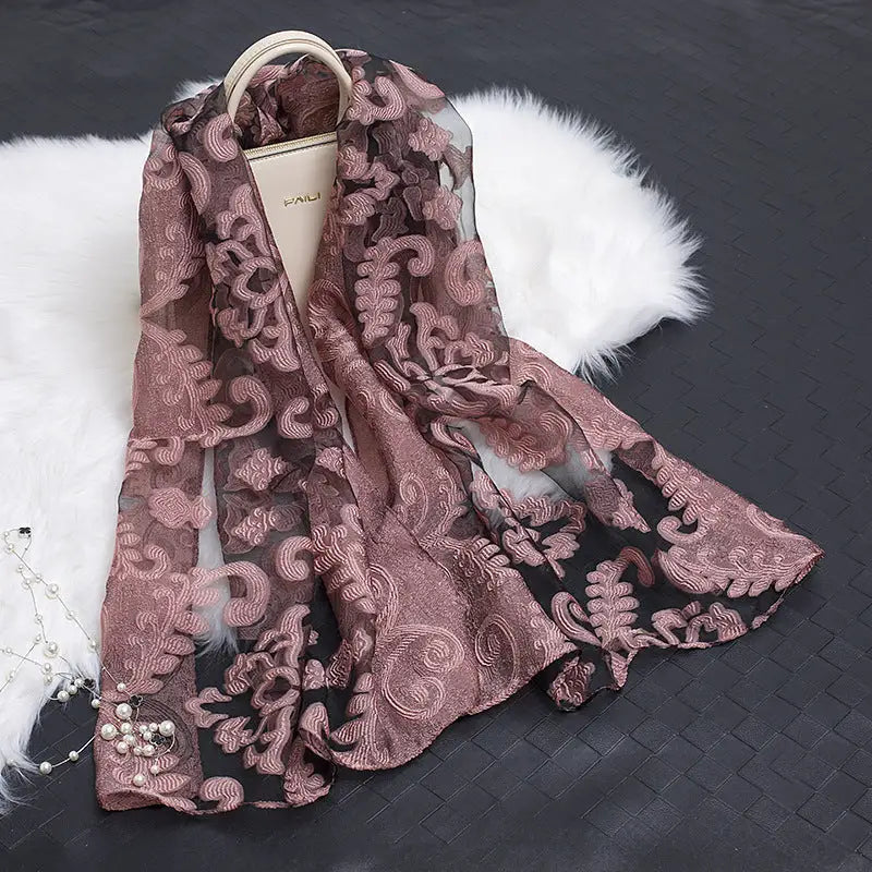 Floral Patterned Silk Scarf - Flower pink - Silk Scarf
