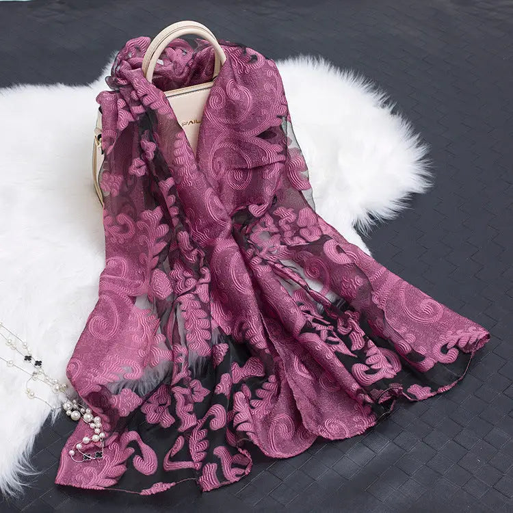 Floral Patterned Silk Scarf - Flower purple - Silk Scarf
