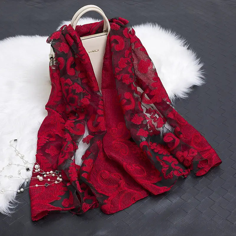 Floral Patterned Silk Scarf - Flower red - Silk Scarf