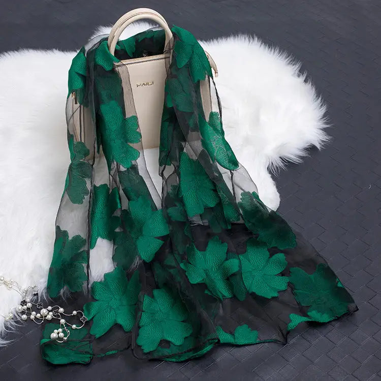 Floral Patterned Silk Scarf - Green - Silk Scarf