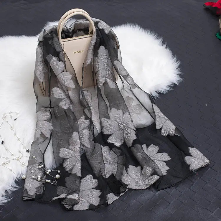 Floral Patterned Silk Scarf - Grey - Silk Scarf