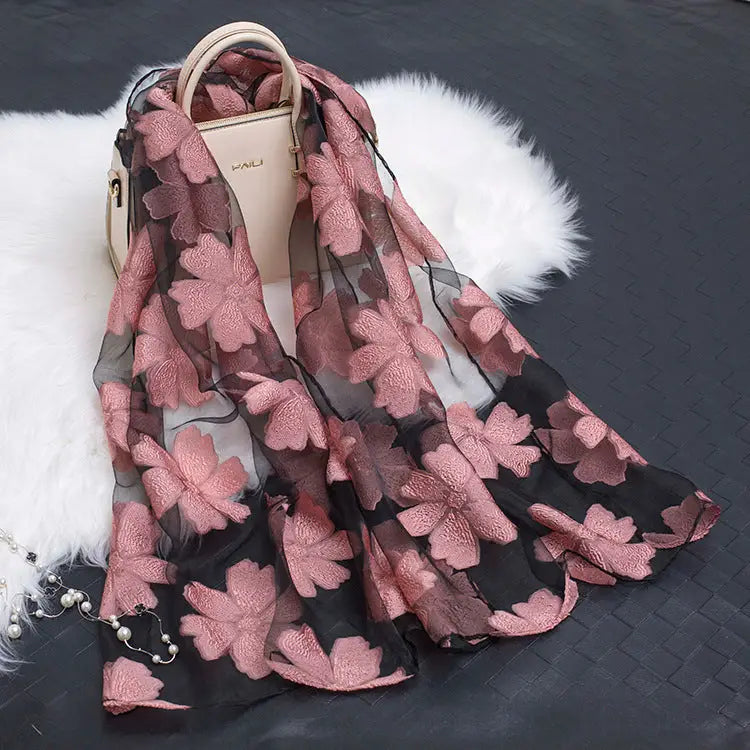Floral Patterned Silk Scarf - Leather pink - Silk Scarf