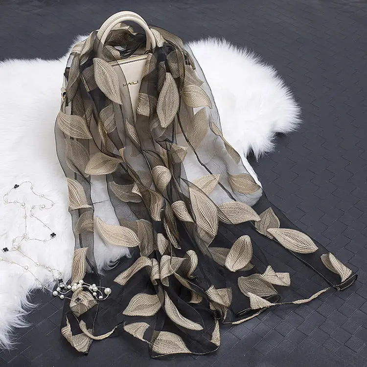Floral Patterned Silk Scarf - Leaves beige - Silk Scarf