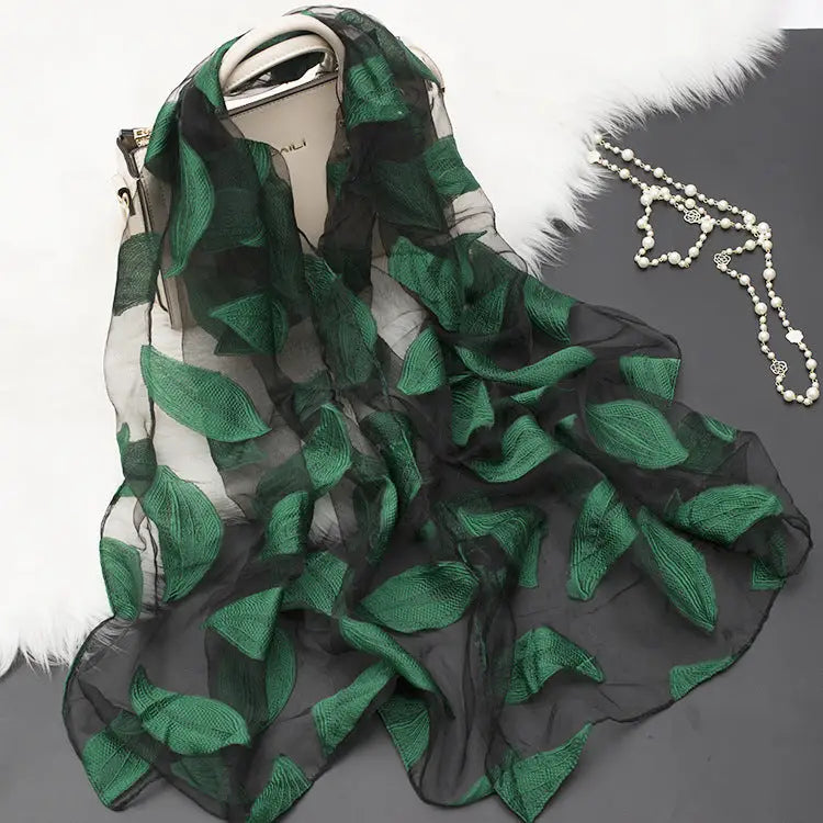 Floral Patterned Silk Scarf - Leaves green - Silk Scarf