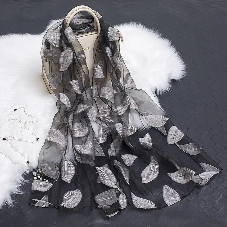 Floral Patterned Silk Scarf - Leaves grey - Silk Scarf