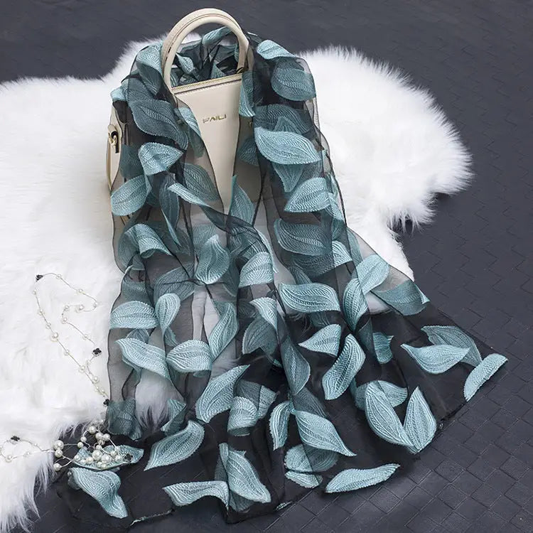 Floral Patterned Silk Scarf - Leaves lake blue - Silk Scarf