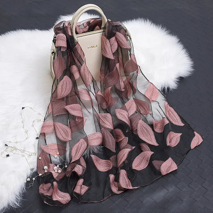 Floral Patterned Silk Scarf - Leaves pink - Silk Scarf