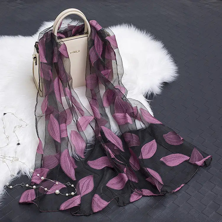 Floral Patterned Silk Scarf - Leaves purple - Silk Scarf