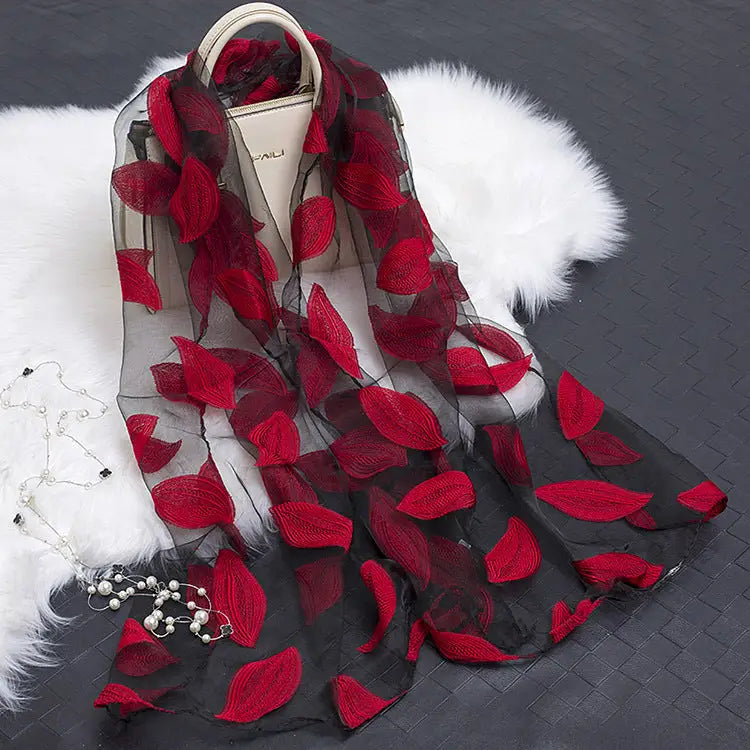 Floral Patterned Silk Scarf - Leaves red - Silk Scarf