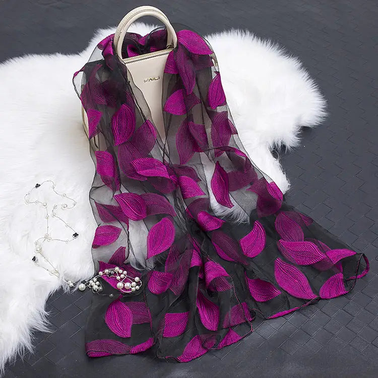 Floral Patterned Silk Scarf - Leaves rose red - Silk Scarf