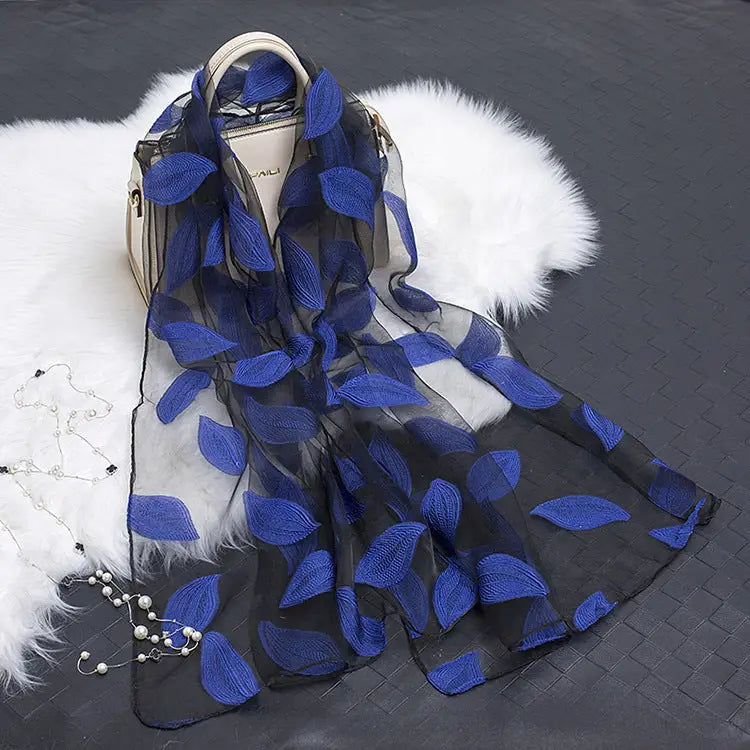 Floral Patterned Silk Scarf - Leaves royal blue - Silk Scarf