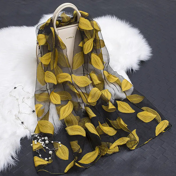 Floral Patterned Silk Scarf - Leaves yellow - Silk Scarf
