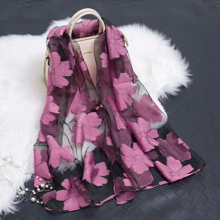 Floral Patterned Silk Scarf - Purple - Silk Scarf
