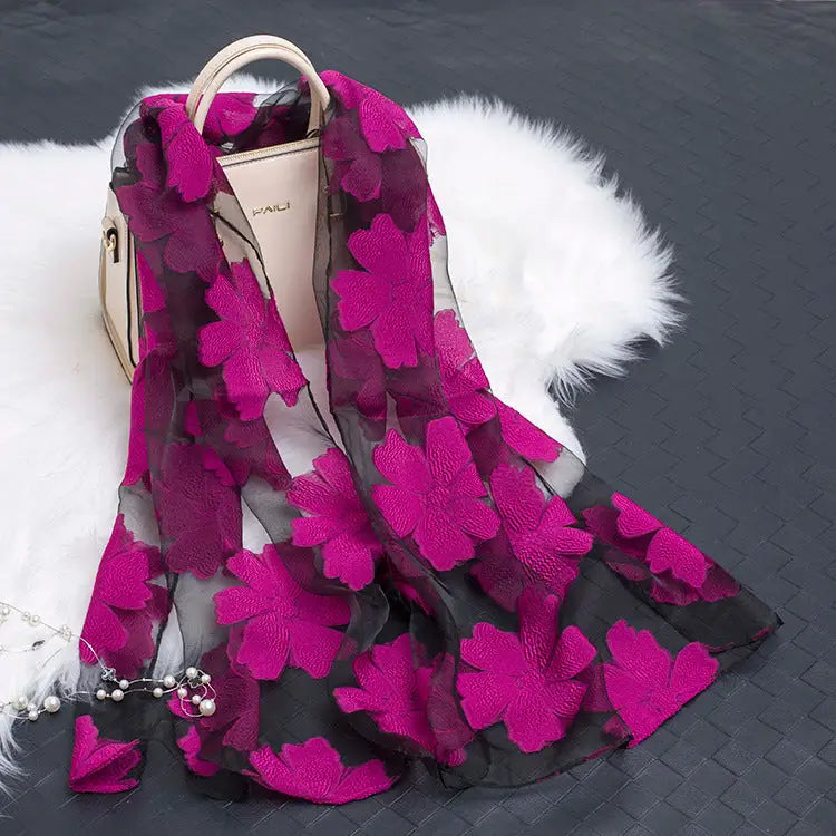 Floral Patterned Silk Scarf - Rose Red - Silk Scarf