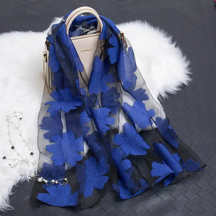 Floral Patterned Silk Scarf - Royal Blue - Silk Scarf