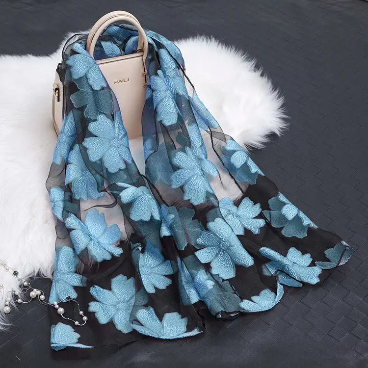 Floral Patterned Silk Scarf - Water Blue - Silk Scarf