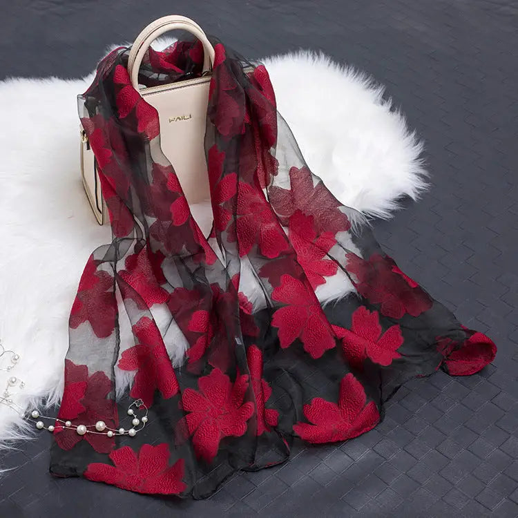 Floral Patterned Silk Scarf - Wine Red - Silk Scarf