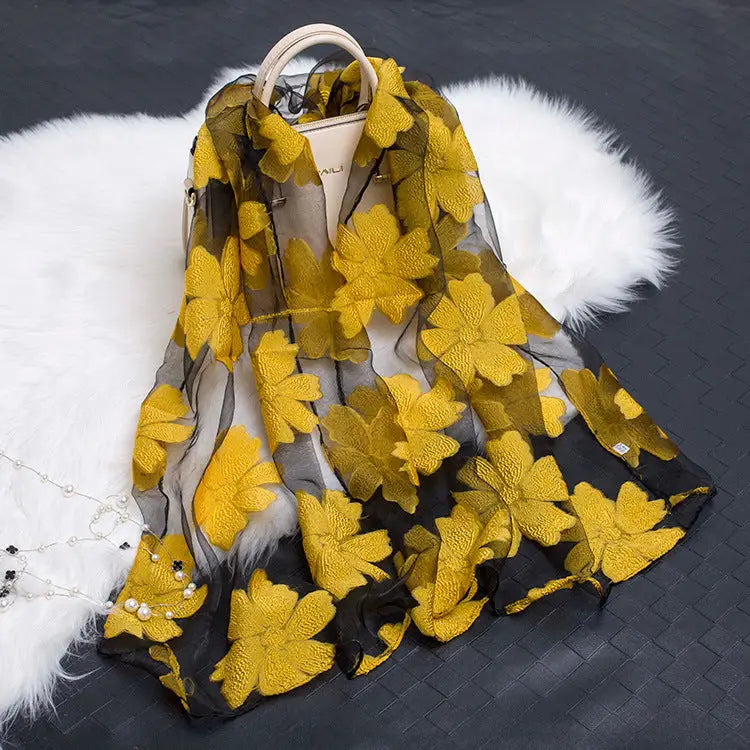Floral Patterned Silk Scarf - Yellow - Silk Scarf