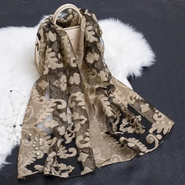 Floral Patterned Silk Scarf - Yellow1 - Silk Scarf