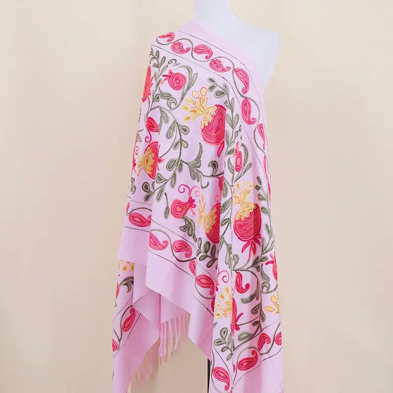 Gourd Pomegranate Blossom Embroidery Scarf Cashmere Shawl - Bright Pink - Shawl