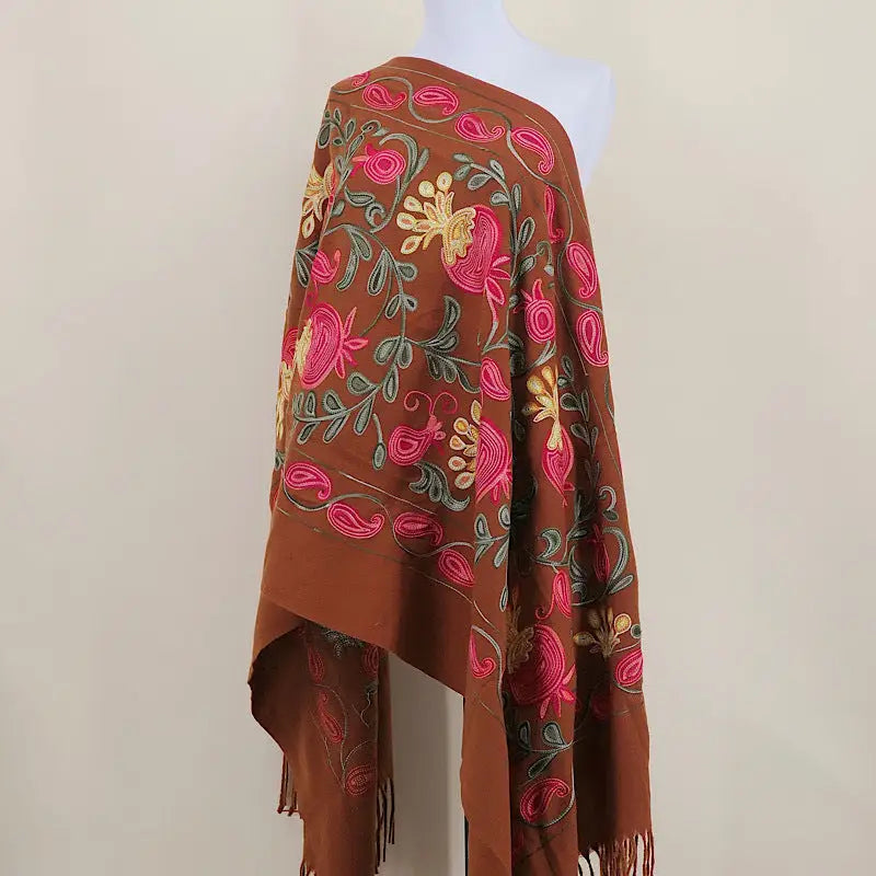 Gourd Pomegranate Blossom Embroidery Scarf Cashmere Shawl - Brown - Shawl