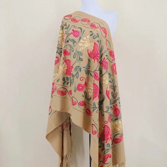Gourd Pomegranate Blossom Embroidery Scarf Cashmere Shawl - Camel - Shawl
